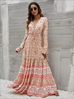 Womens Floral Print V Neck Long Sleeve Maxi Dress Boho Flowy Hippie Peasant